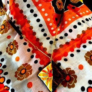 Vintage Scarf AND 30” 1960’s Wood/ Flower Necklace